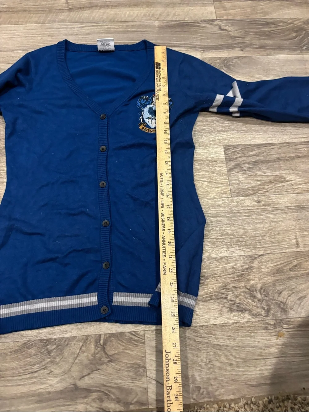 Women's Blue V-Neck Button Cardigan with Crest Detail